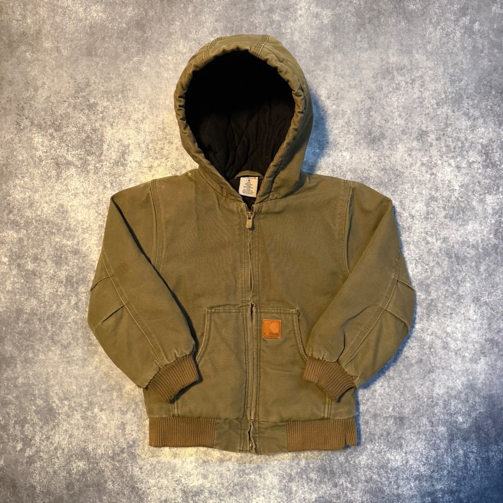 Carhartt Kids Size 6 Olive Green Canvas Quilt Lined Hooded Active Jacket Coat